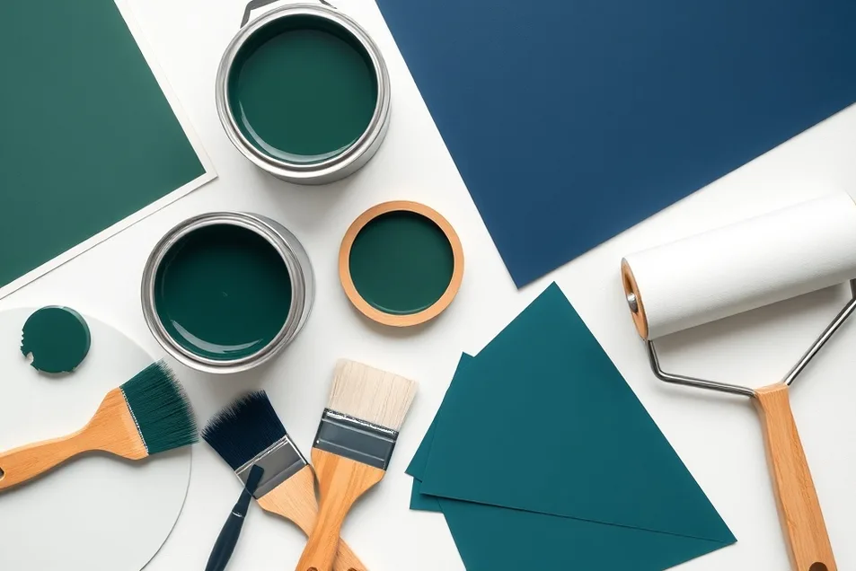 Pots de peinture, nuancier, brosses et rouleaux disposés à plat