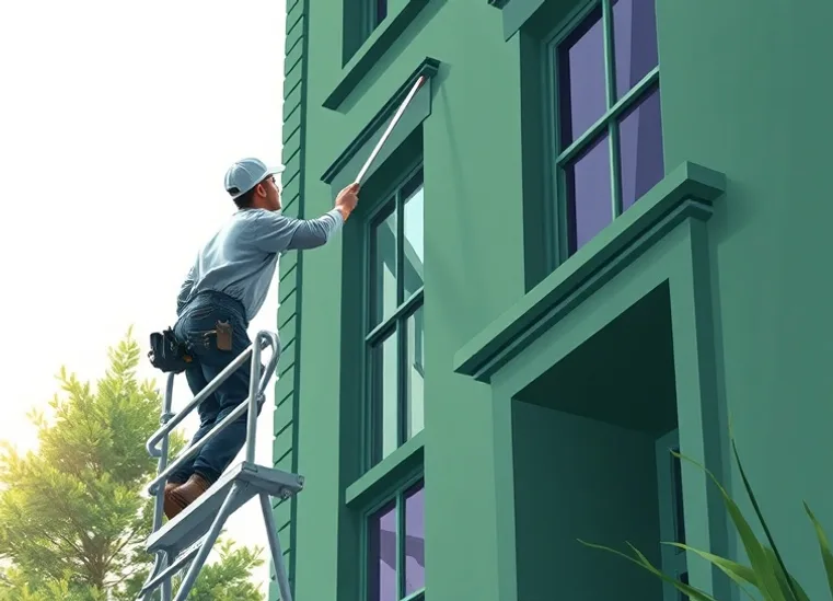 Peintre sur échafaudage traitant la façade d'une maison
