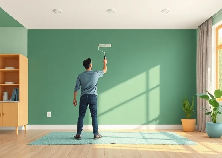 Peintre appliquant la peinture au rouleau sur un mur de salon